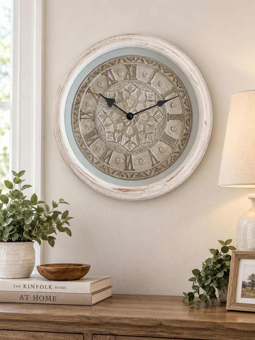 Antique Style Distressed Cream Floral Medallion Wall Clock, NWT 12 inches